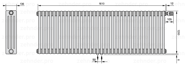 Схема (чертеж) Радиатор Zehnder Charleston 4120/35 №V008 Белый глянцевый RAL 9016